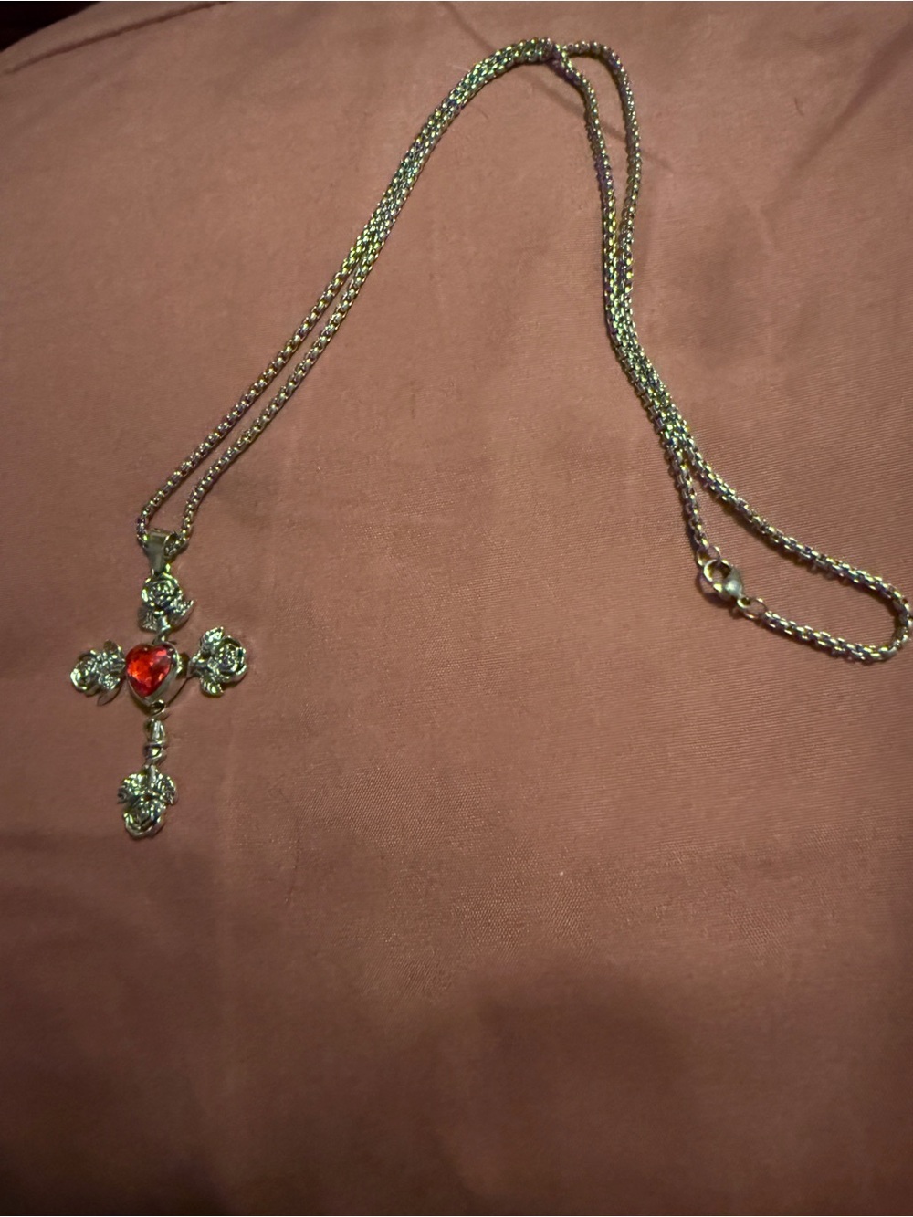 Silver Cross Pendant Rose Necklace with Red Heart Gem